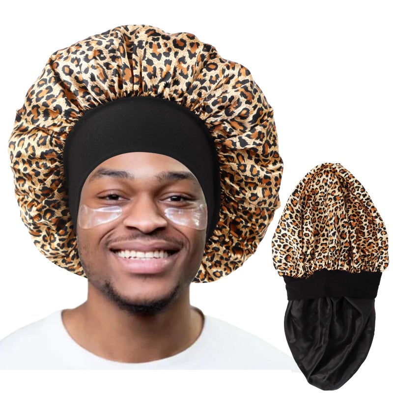 Bonnet for MenHair Bonnet for SleepingDouble Layer Satin Bonnets for Black Women Curly Hair BraidsReversible Sleep Cap LargeBlackLeopard